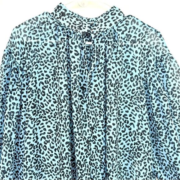 ASOS Blue Black Cheetah Print Semi Sheer Oversized Puff Sleeve Flowy Poet Blouse - Picture 10 of 16
